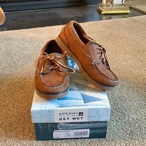 Boys/Kids Sperry Top-Sider Get Wet Defender Dark Tan Boat Shoe Size 1.5 W